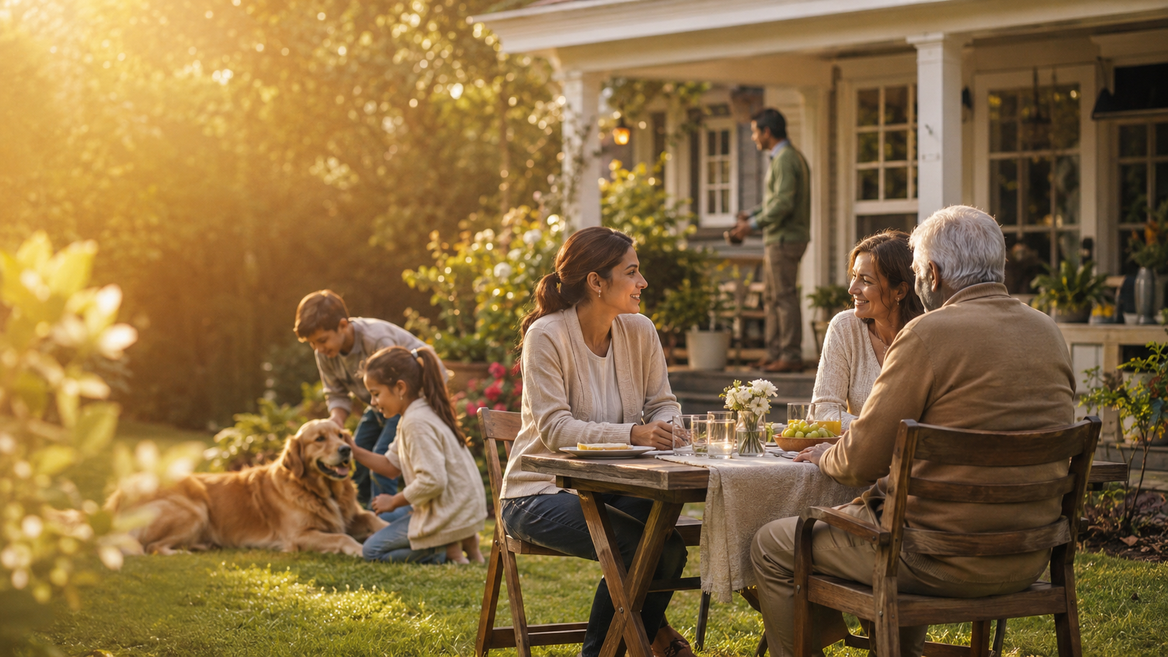 Three generations of a family sharing a golden-hour meal in their backyard