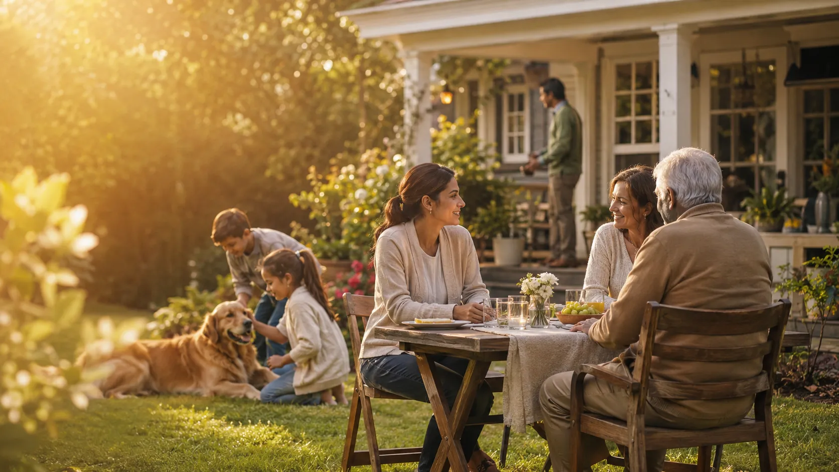 Three generations of a family sharing a golden-hour meal in their backyard