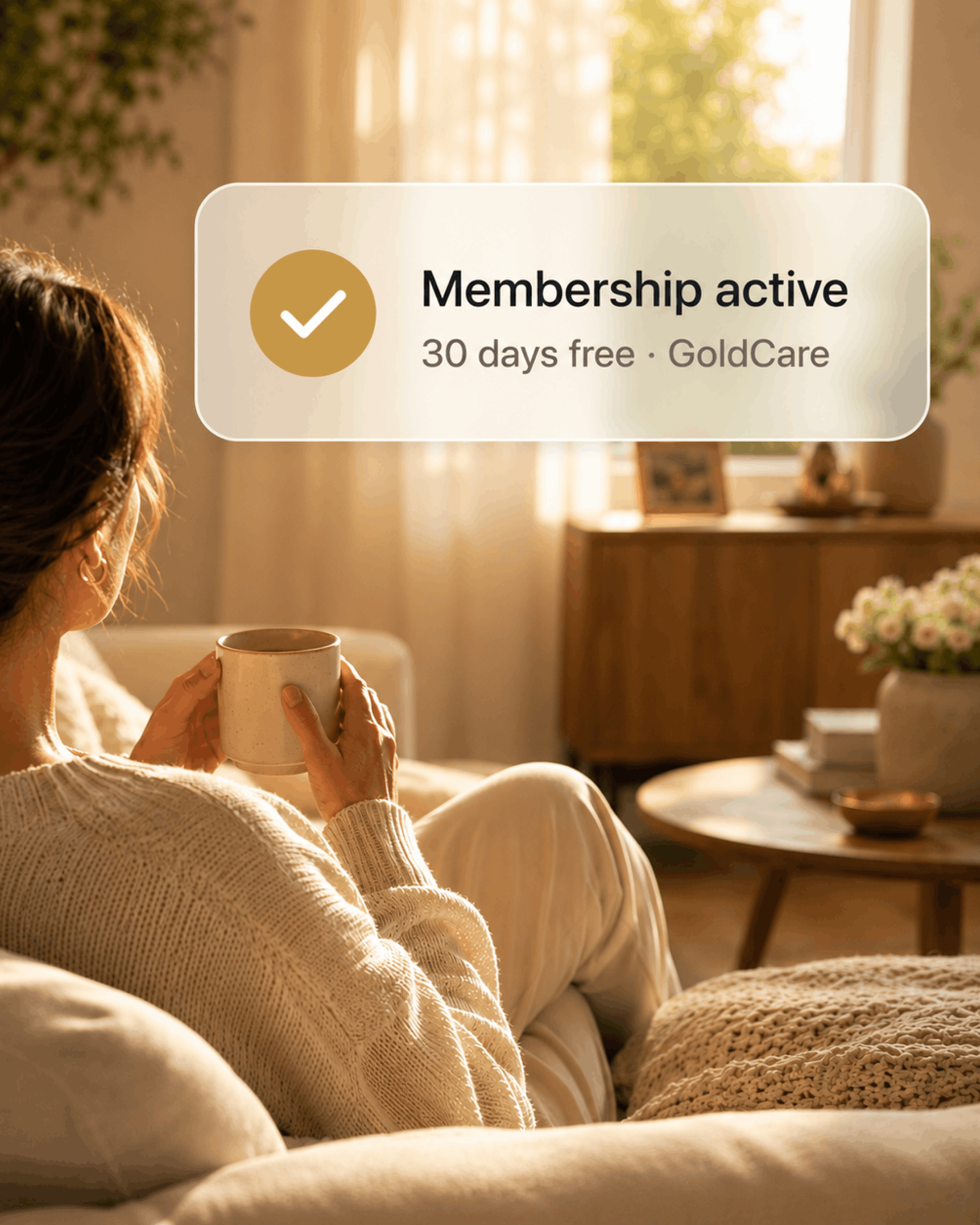 A member relaxing at home with her GoldCare membership active, 30 days free
