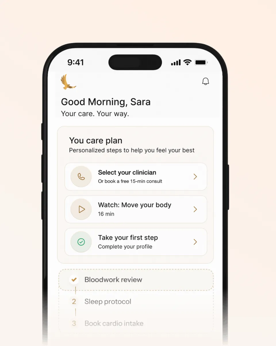 The GoldCare app prompting you to select your clinician or book a free 15-minute consult