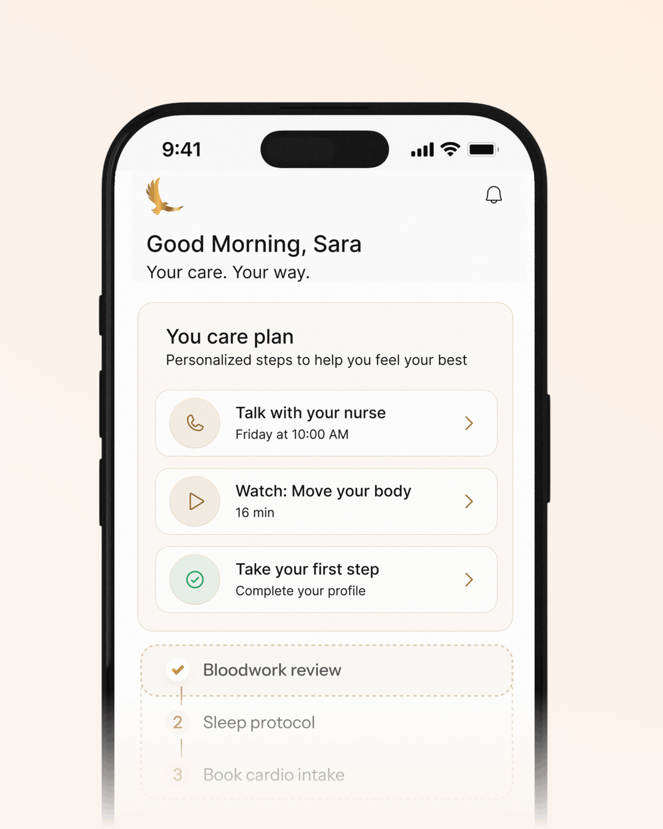 The GoldCare app showing Victoria, RN, your care nurse, and your personal plan