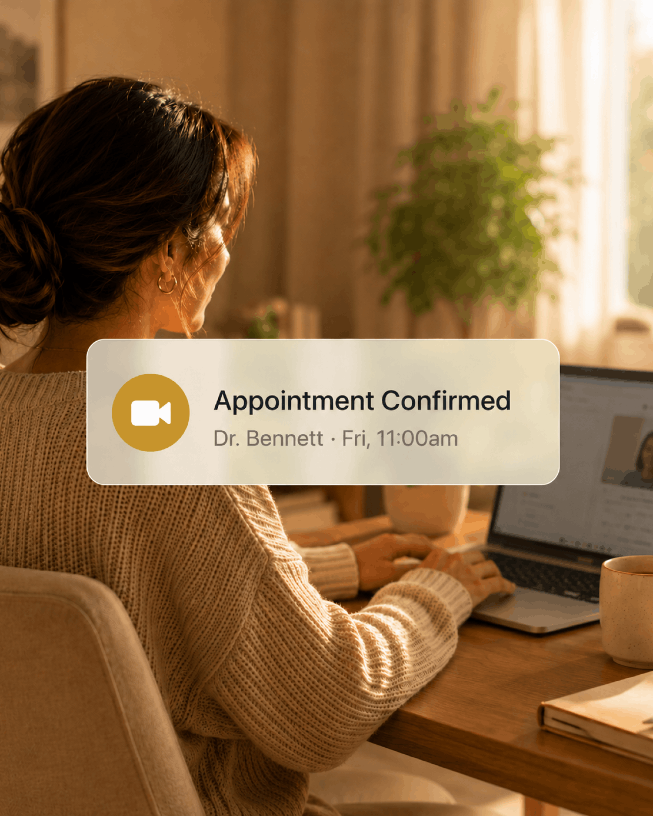 A member on her porch with a telehealth visit confirmed with Dr. Bennett