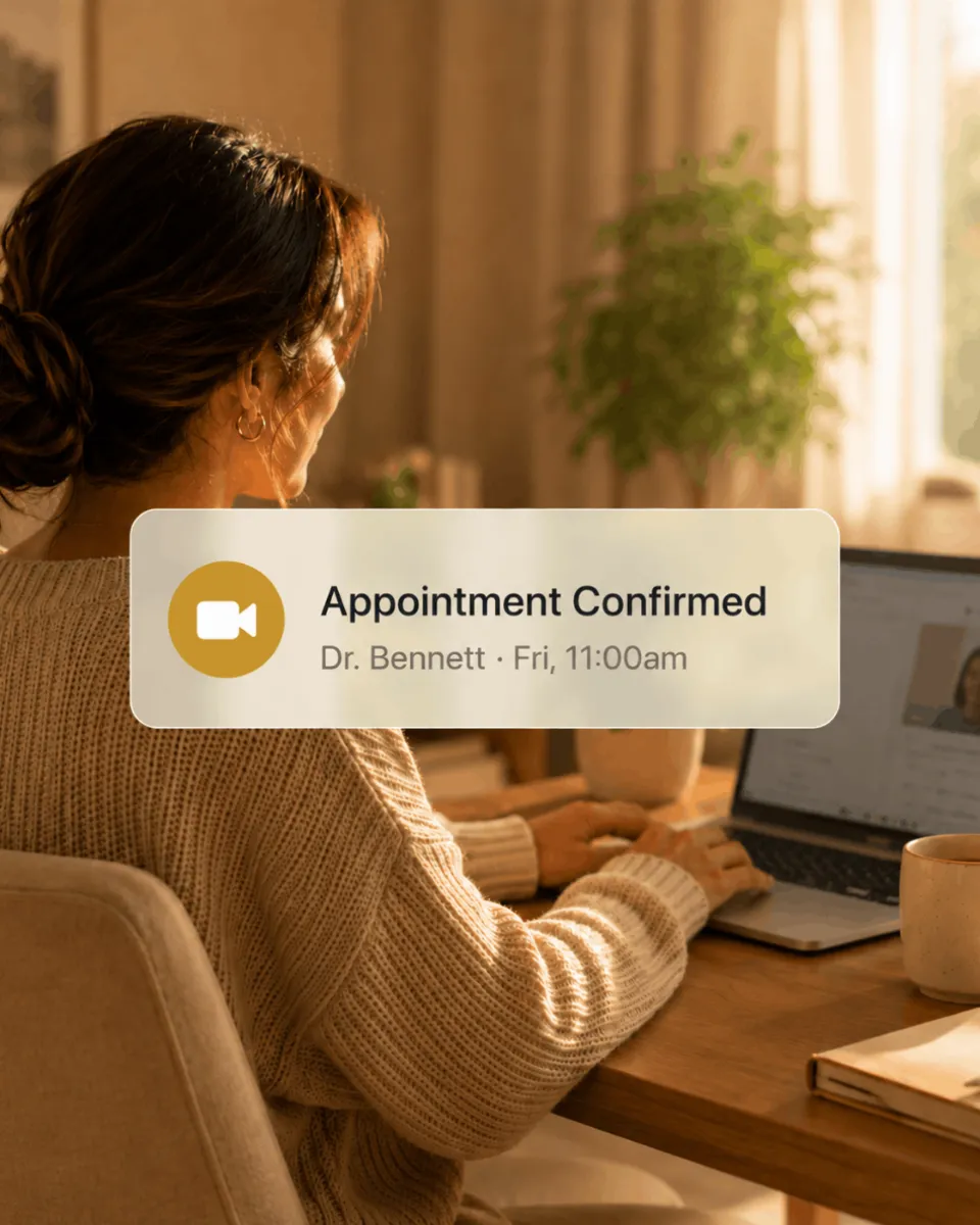 A member on her porch with a telehealth visit confirmed with Dr. Bennett