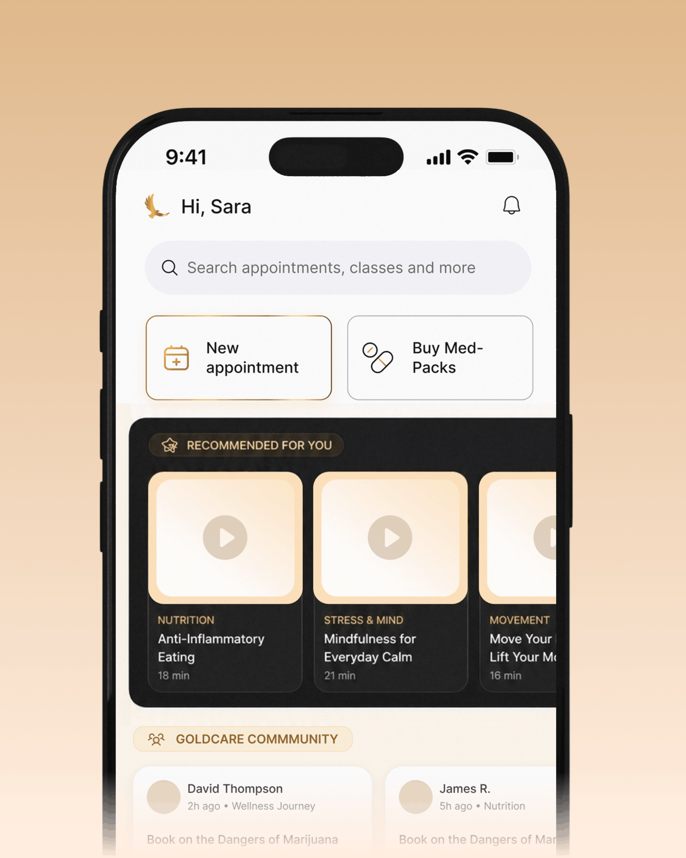 The GoldCare app home screen with your health plan, education, and community