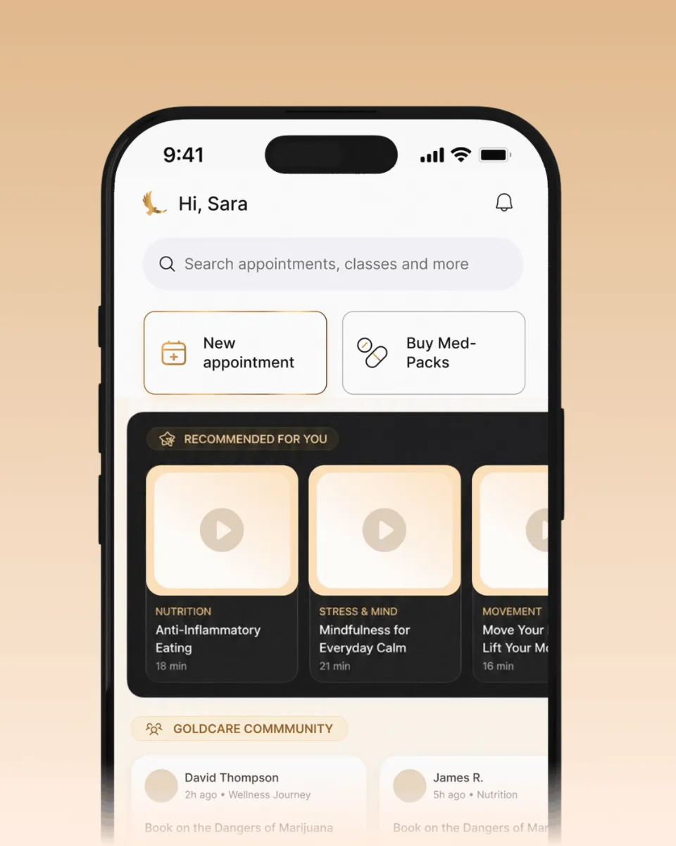 The GoldCare app home screen with your health plan, education, and community