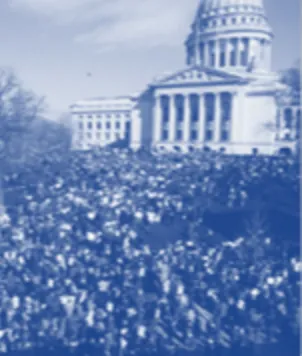 A crowd gathered at a state capitol
