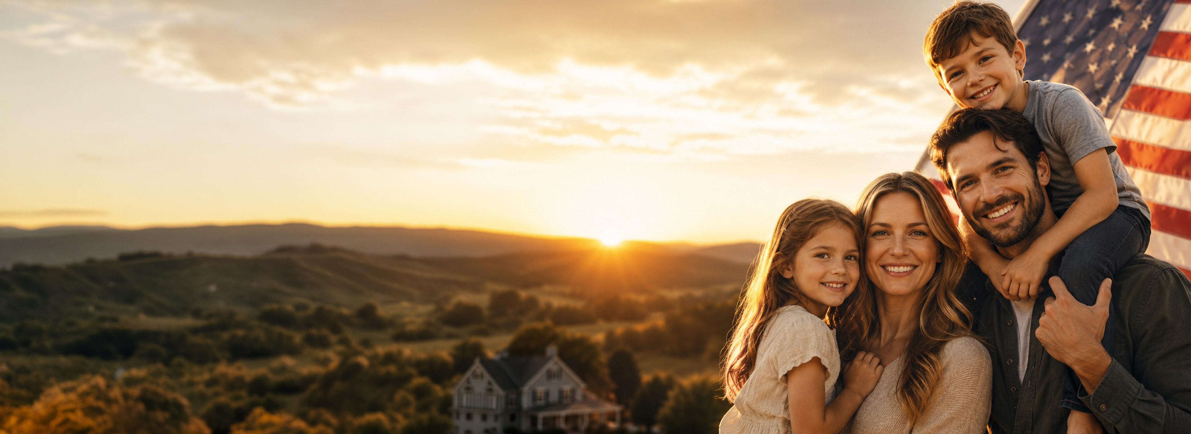 Family at sunset with an American flag outside their home