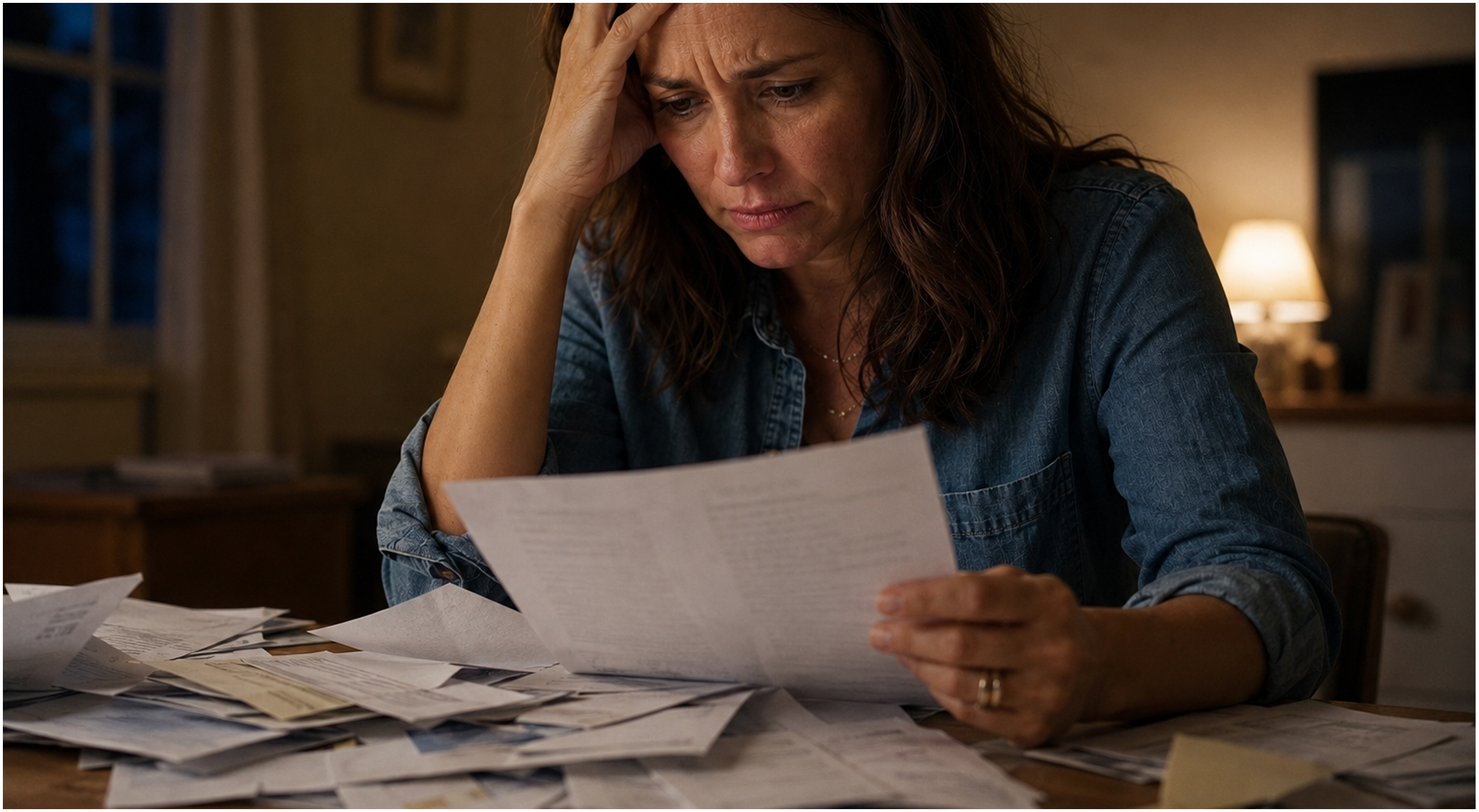 A woman worrying over medical bills at her kitchen table