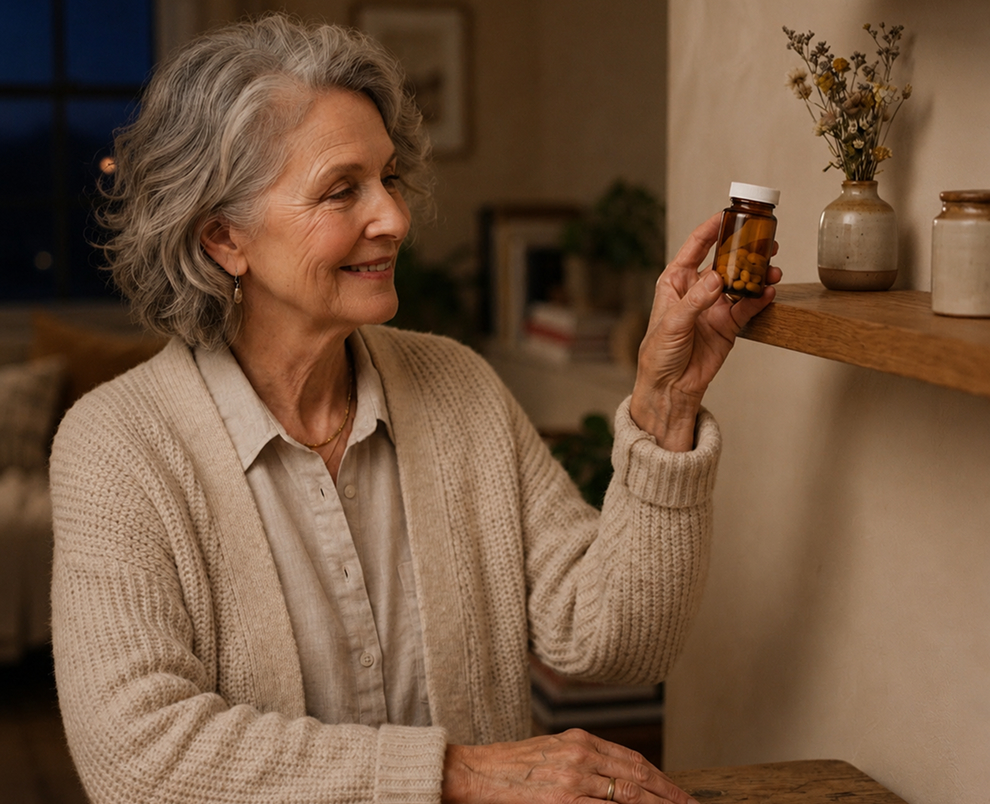 Woman holding a prescription bottle from her Med-Pack at home